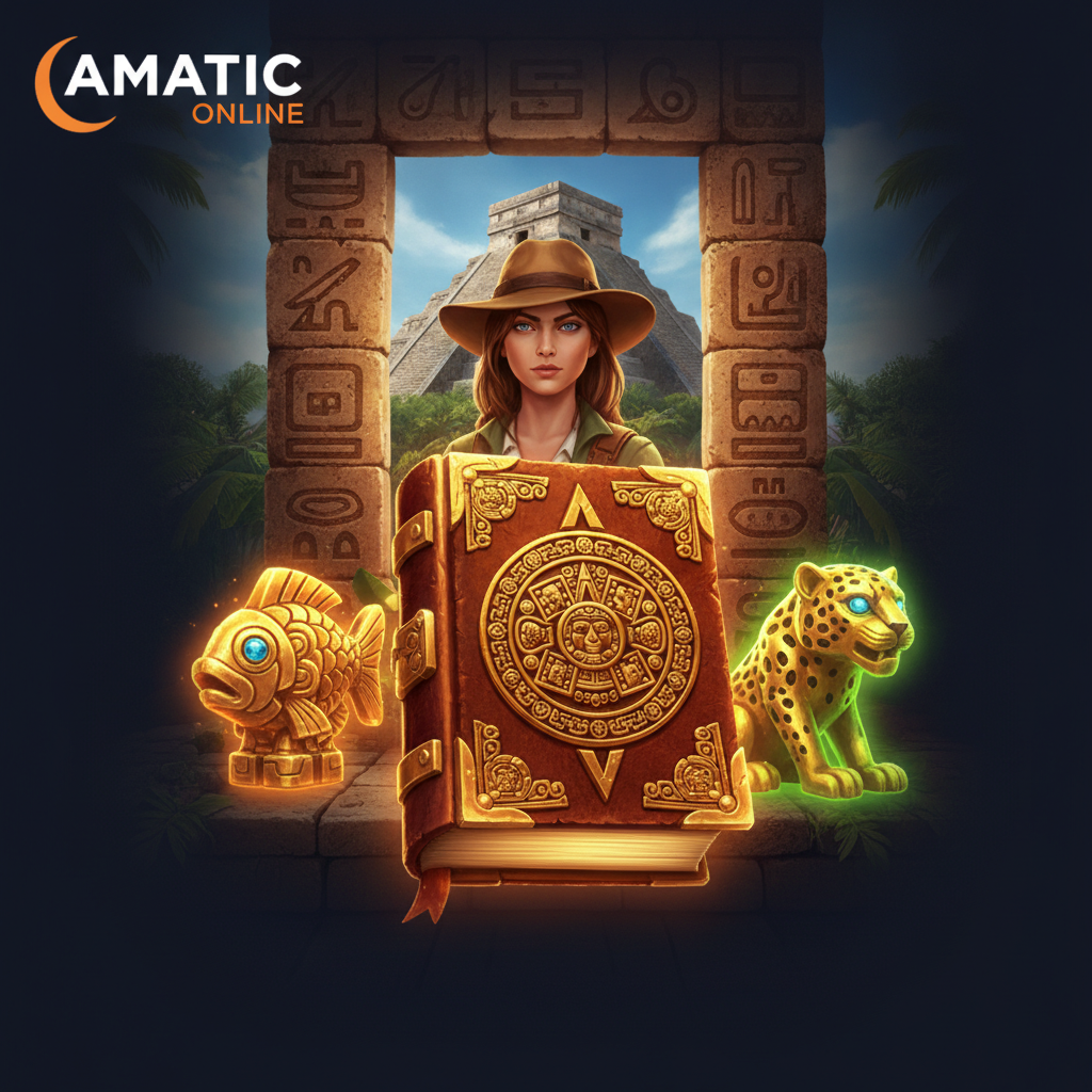 Book of Aztec slot - αρχαίος ναός Αζτέκων με χρυσό βιβλίο, εξερευνήτρια, πυραμίδα και χρυσά είδωλα τζάγκουαρ και ψαριού
