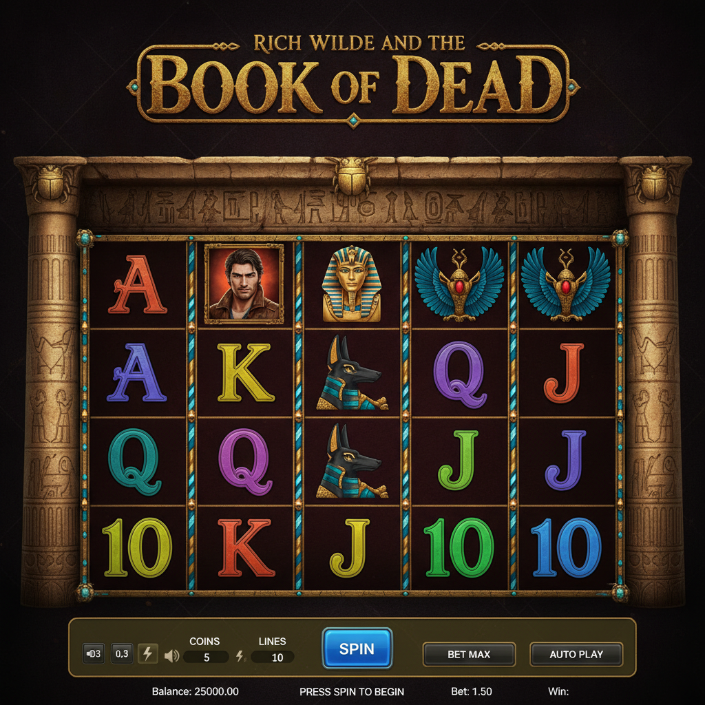 Rich Wilde and the Book of Dead slot με αρχαιοαιγυπτιακό ναό, χρυσό πλαίσιο τροχών, σύμβολα Rich Wilde explorer, Φαραώ, Anubis και Horus