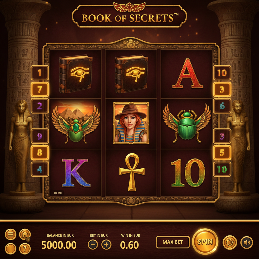 Book of Secrets slot game showing 5 reels with Egyptian symbols including explorer woman with fedora, golden pharaoh mask, scarab beetle, ankh cross, and ancient book wild symbol surrounded by hieroglyphic stone columns