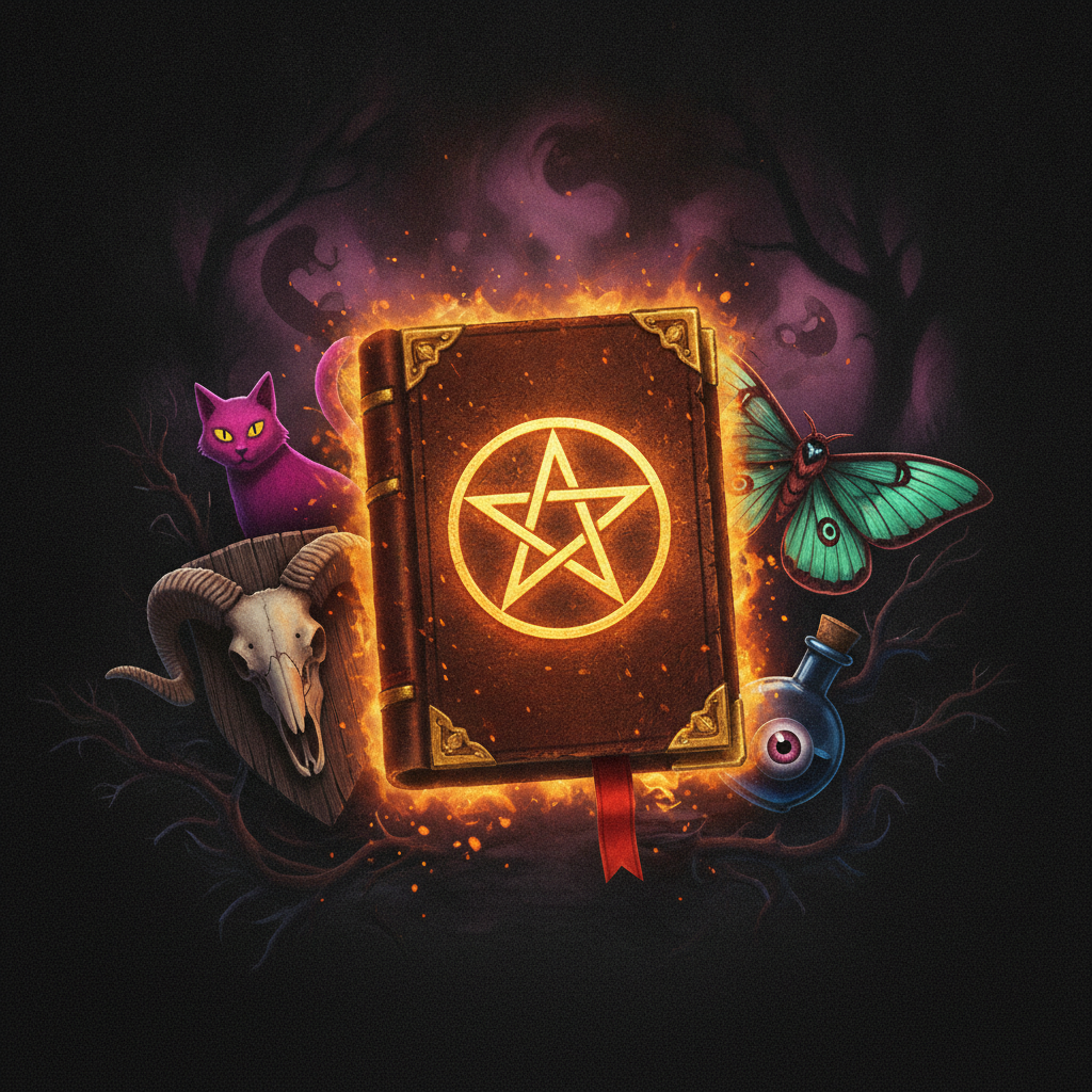 Book of Shadows slot με χρυσό πεντάγραμμο, Gothic horror θέμα, premium σύμβολα γάτας, κρανίου κριού, πεταλούδας και μάτι σε μπουκάλι