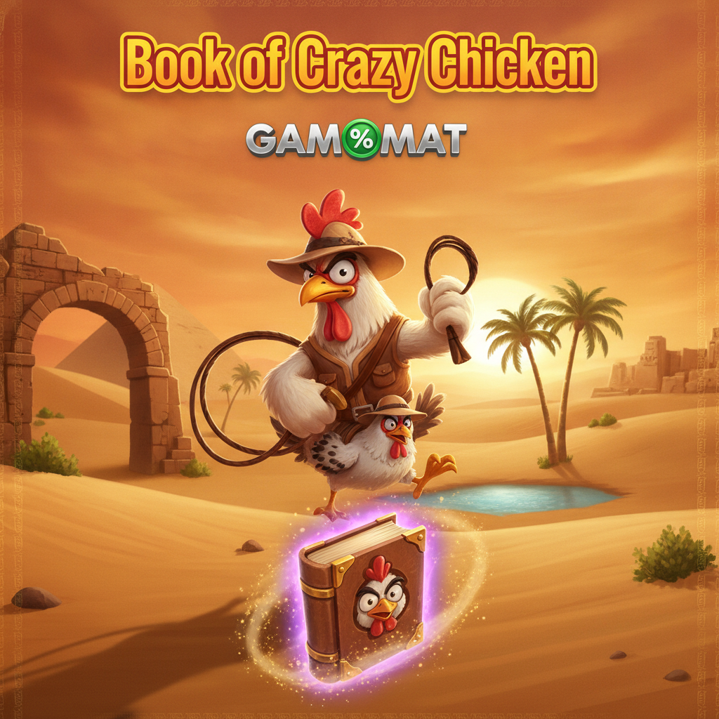 Book of Crazy Chicken - κοτόπουλο εξερευνητής με καπέλο fedora και μαστίγιο, Αιγυπτιακή έρημος με πυραμίδες και ηλιοβασίλεμα, Book σύμβολο με μαγική λάμψη